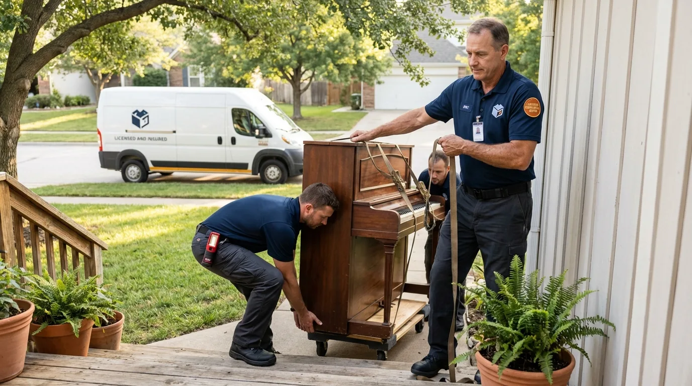 Licensed piano movers securing grand piano in Carmel, NY